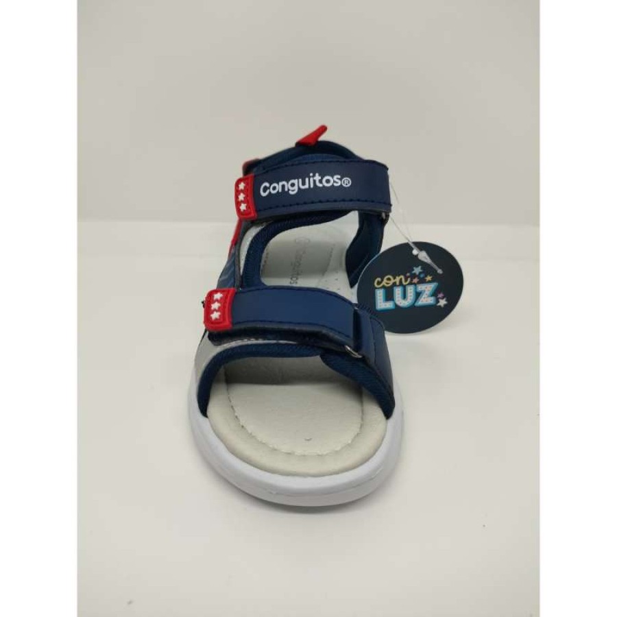Sandalia con Luz en azul marino y plata con estrellas rojas Triple Velcro