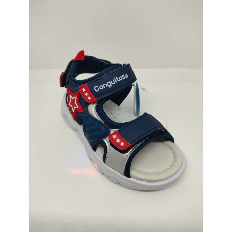 Sandalia con Luz en azul marino y plata con estrellas rojas Triple Velcro - Imagen 5
