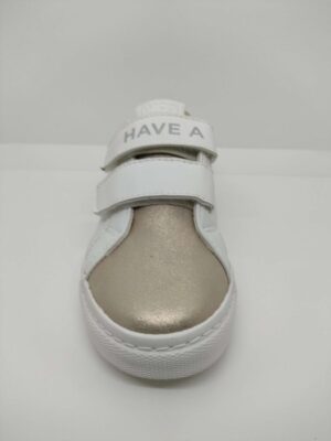 Zapatilla Piel Blanca-Oro-Plata Estrella Doble Velcro