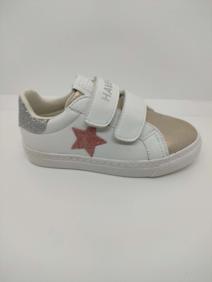 Zapatilla Piel Blanca-Oro-Plata Estrella Doble Velcro - Imagen 2