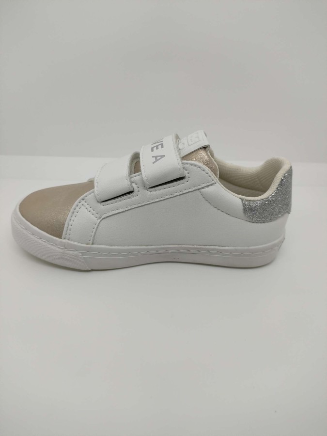 Zapatilla Piel Blanca-Oro-Plata Estrella Doble Velcro - Imagen 4