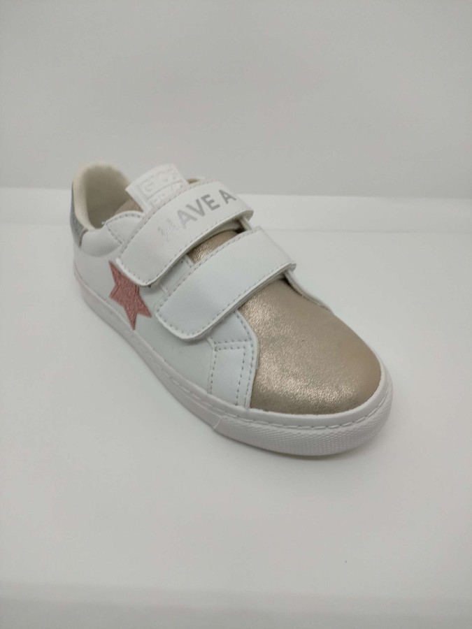 Zapatilla Piel Blanca-Oro-Plata Estrella Doble Velcro - Imagen 5
