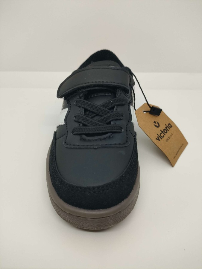 Zapatilla Deportiva Piel Negro Velcro Cordón Victoria