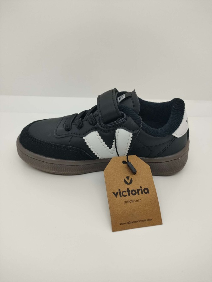 Zapatilla Deportiva Piel Negro Velcro Cordón Victoria - Imagen 4