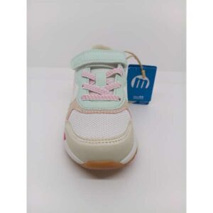 Zapatilla Deportiva tela Serraje Blanca Fucsia Verde Velcro Cordón Elástico. Mustang.