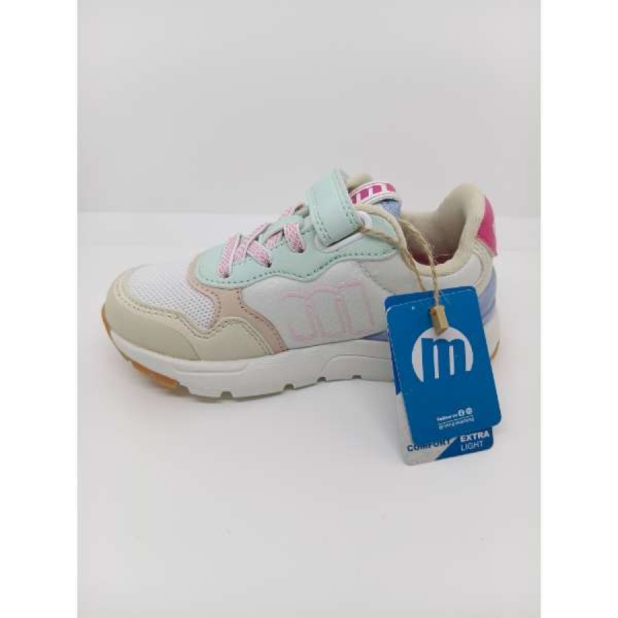 Zapatilla Deportiva tela Serraje Blanca Fucsia Verde Velcro Cordón Elástico. Mustang. - Imagen 4