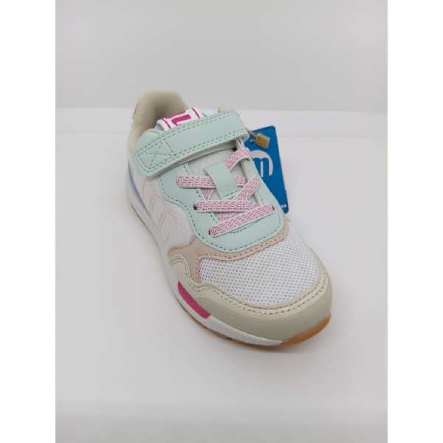 Zapatilla Deportiva tela Serraje Blanca Fucsia Verde Velcro Cordón Elástico. Mustang. - Imagen 5