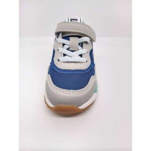 Zapatilla Deportiva tela Serraje Azul Gris Velcro Cordón Elástico. Mustang.