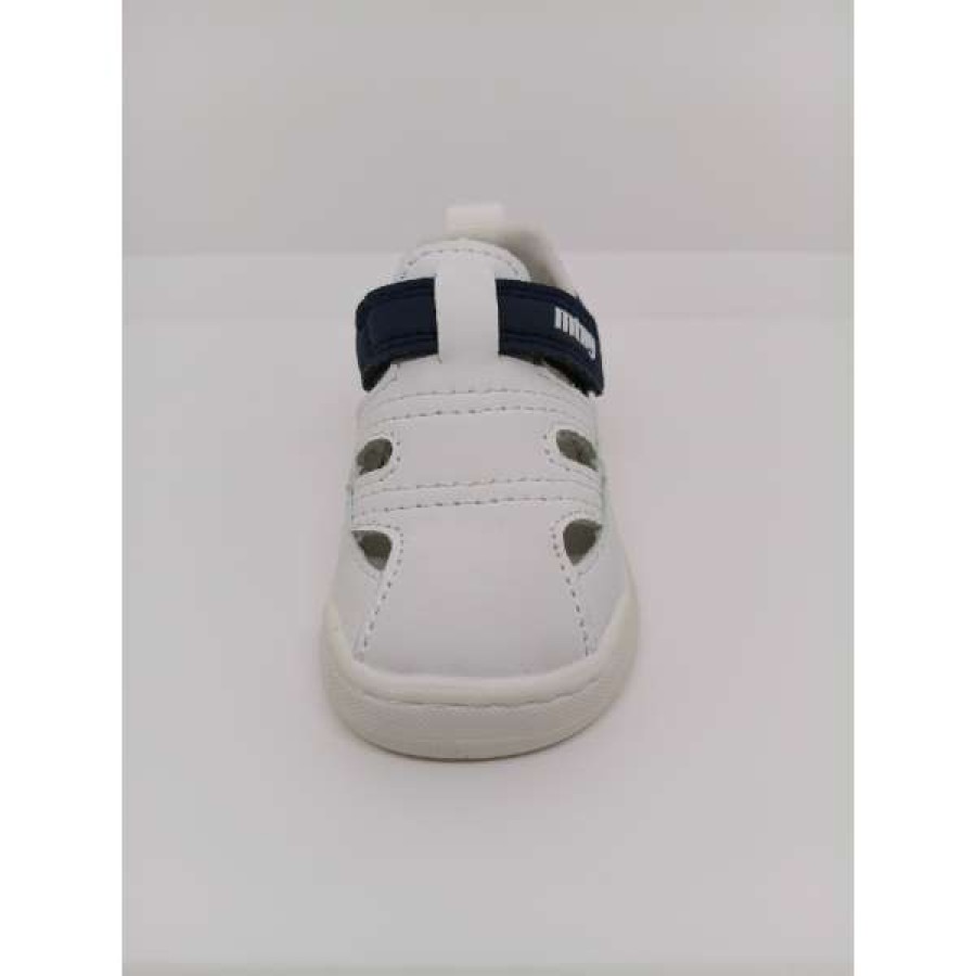 Sandalia Piel Blanca, azul y talón mostaza Velcro. Mustang.