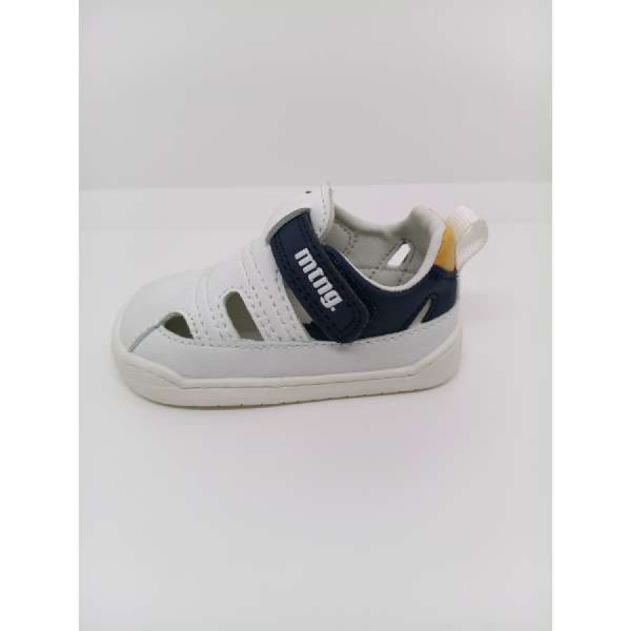 Sandalia Piel Blanca, azul y talón mostaza Velcro. Mustang. - Imagen 2