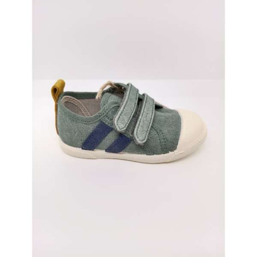 Zapatilla Tela Verde Tiras Azules Doble velcro. Batilas. - Imagen 2