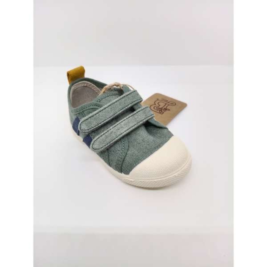 Zapatilla Tela Verde Tiras Azules Doble velcro. Batilas. - Imagen 5