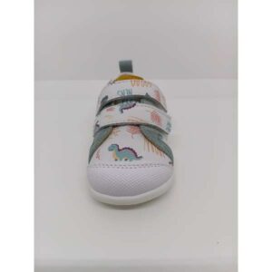 Zapatilla Piel Blanca Dinosaurios Doble Velcro respetuoso. Flexinens.