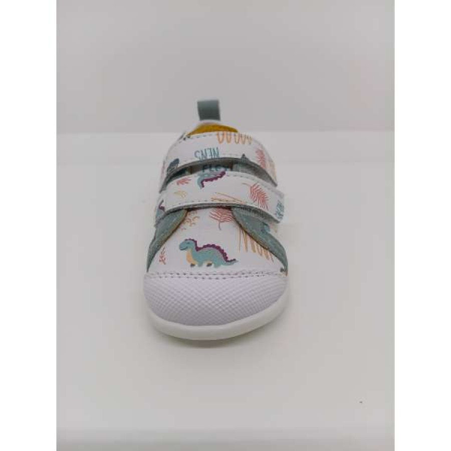 Zapatilla Piel Blanca Dinosaurios Doble Velcro respetuoso. Flexinens.