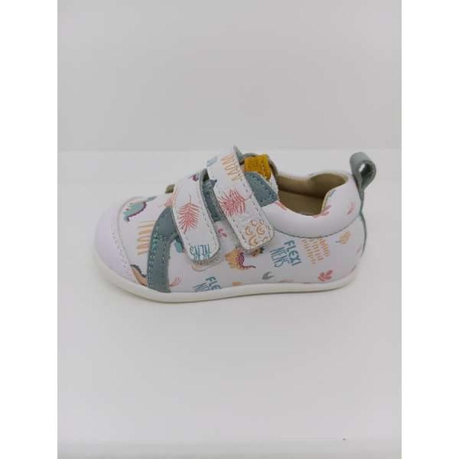 Zapatilla Piel Blanca Dinosaurios Doble Velcro respetuoso. Flexinens. - Imagen 2