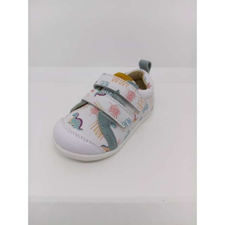 Zapatilla Piel Blanca Dinosaurios Doble Velcro respetuoso. Flexinens. - Imagen 5