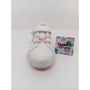 Zapatilla Piel Blanca Corazones talón plata Velcro Cordón Elástico