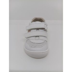 Zapatilla Piel Perforada Blanca Franja Rosa Doble Velcro