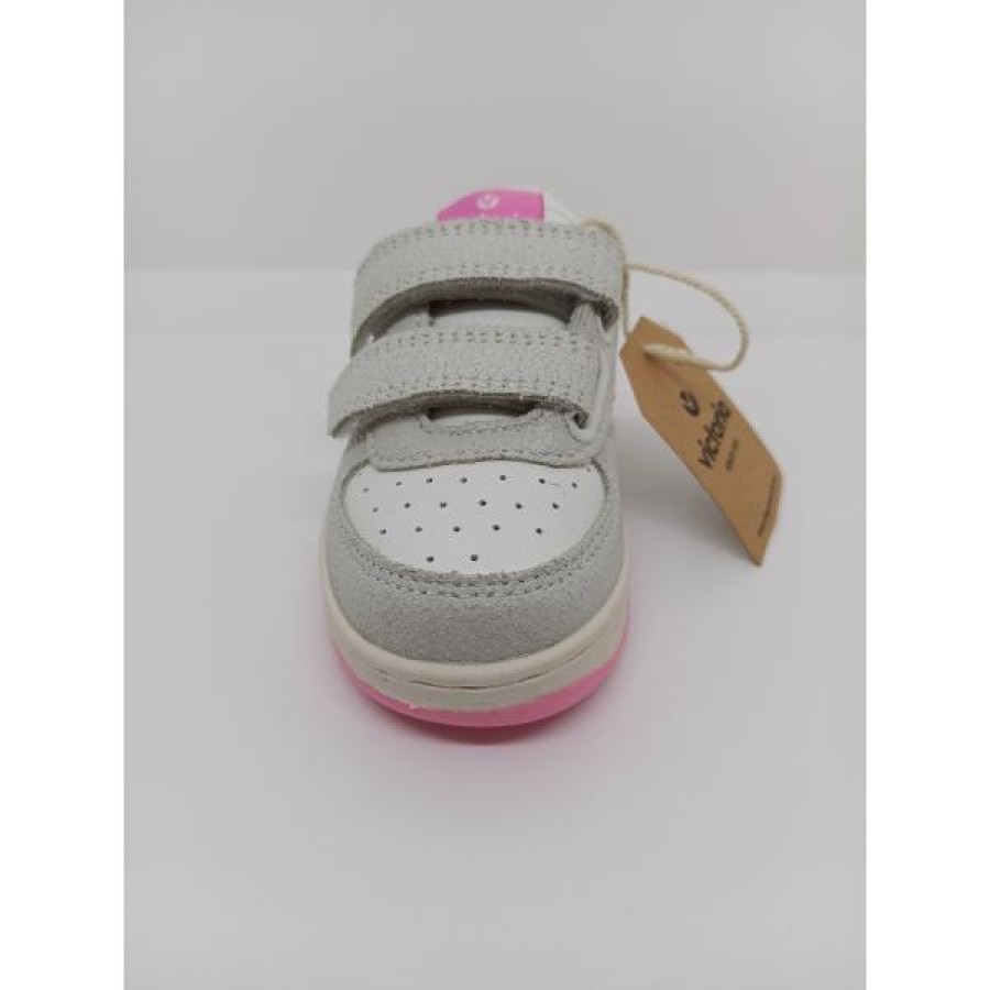 Zapatilla Deportiva Piel Blanca Serraje Gris Doble Velcro Victoria