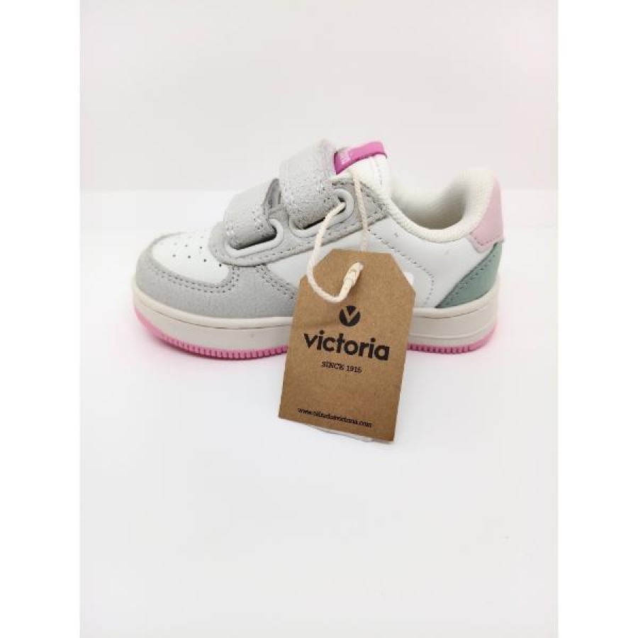 Zapatilla Deportiva Piel Blanca Serraje Gris Doble Velcro Victoria - Imagen 4