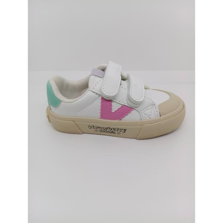 Zapatilla Deportiva Piel Blanca Rosa Doble Velcro Victoria - Imagen 2