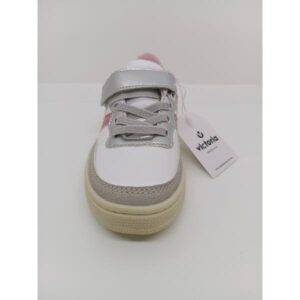 Zapatilla Deportiva Piel Blanca Plata Rosa Velcro Cordón Victoria