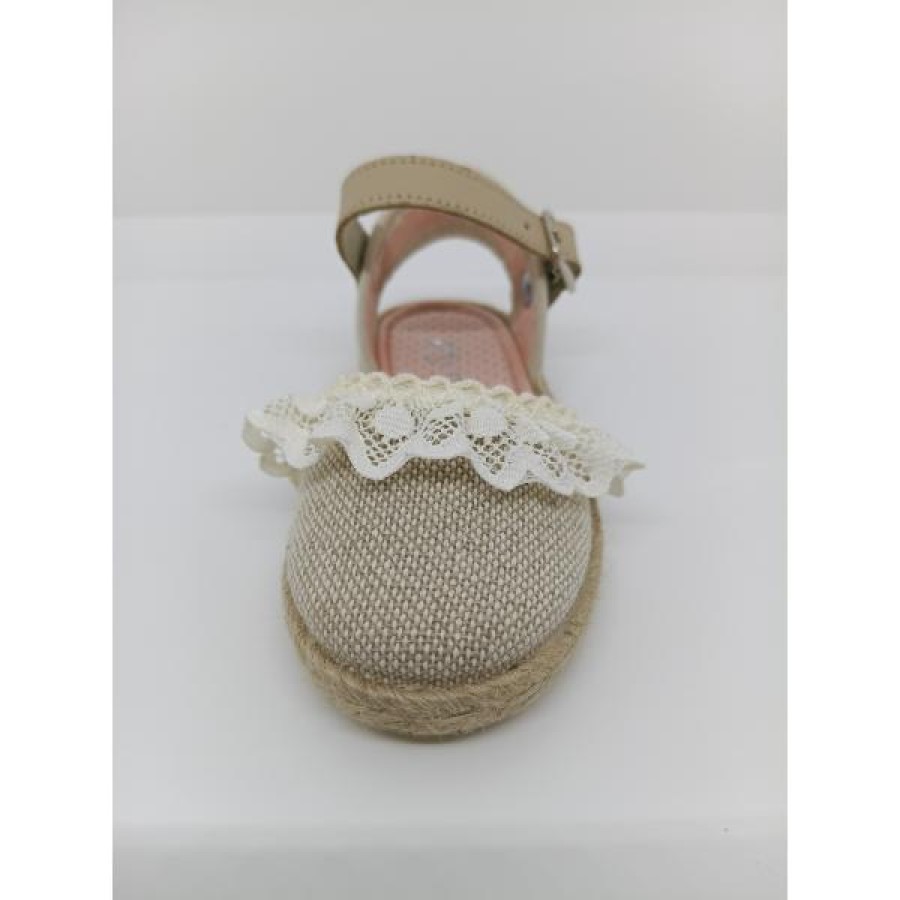 Esparteña Lino Beige Natural Volante Tul Hebilla