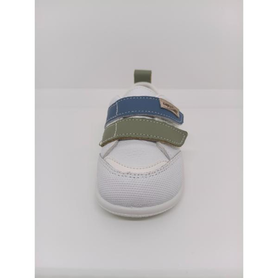 Zapatilla Piel Blanca Doble Velcro Azul y Verde respetuoso