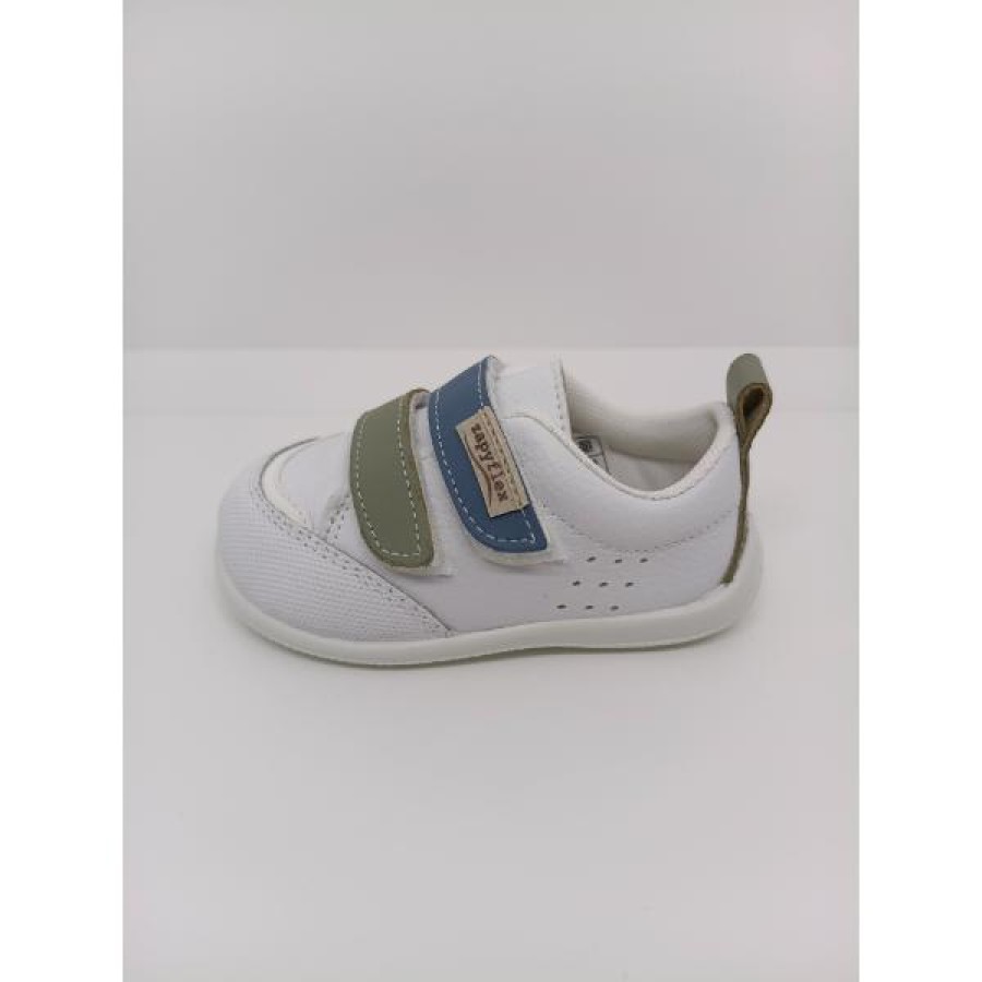 Zapatilla Piel Blanca Doble Velcro Azul y Verde respetuoso - Imagen 2
