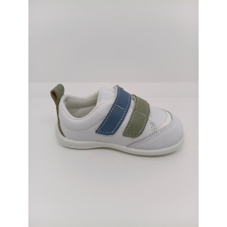 Zapatilla Piel Blanca Doble Velcro Azul y Verde respetuoso - Imagen 4