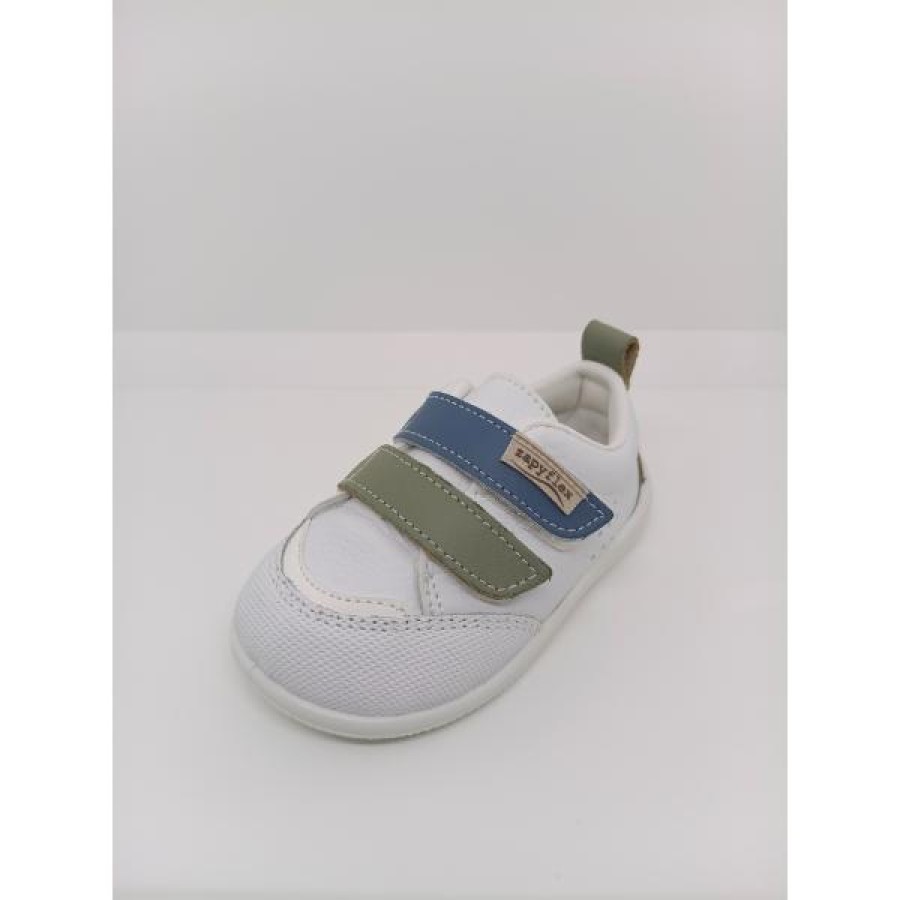 Zapatilla Piel Blanca Doble Velcro Azul y Verde respetuoso - Imagen 5
