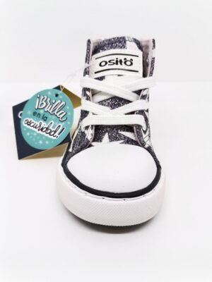 Bota Deportiva Tela Brillantina Gris Estrellas Cremallera. Ositos.