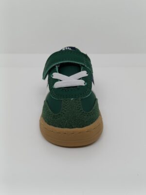 Zapatilla Respetuosa Piel y Serraje Verde-Blanca Velcro-Cordón Mustang.
